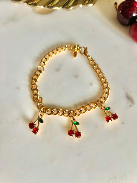 MON CHÉRI 🍒| Tarnish Free | Gold Cuban Link Cherry Charm | Tarnish Free | Necklace/Bracelet