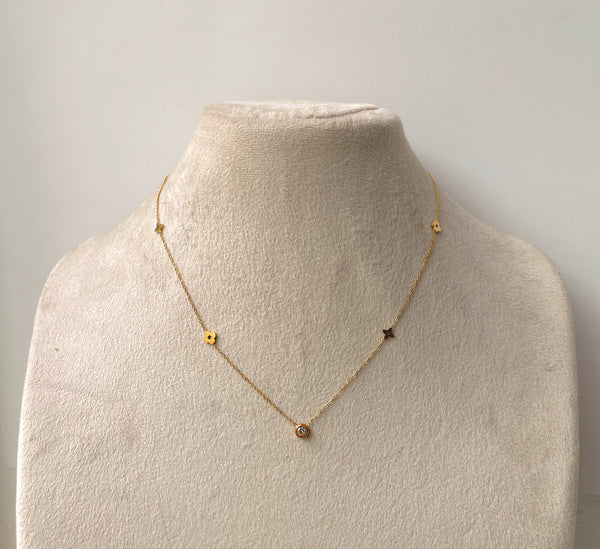 KOLINA | Tarnish-Free | Gold Clear Cubic Zirconia Clover and Flower | Necklace