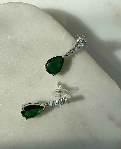 SAHIRA | Emerald and Silver Drop Earring  | CUBIC ZIRCONIA