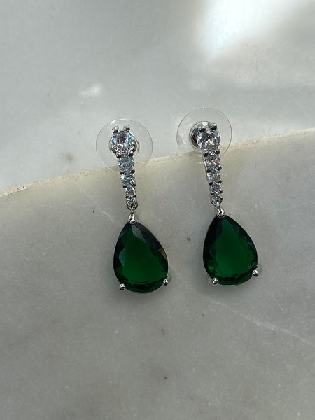 SAHIRA | Emerald and Silver Drop Earring  | CUBIC ZIRCONIA