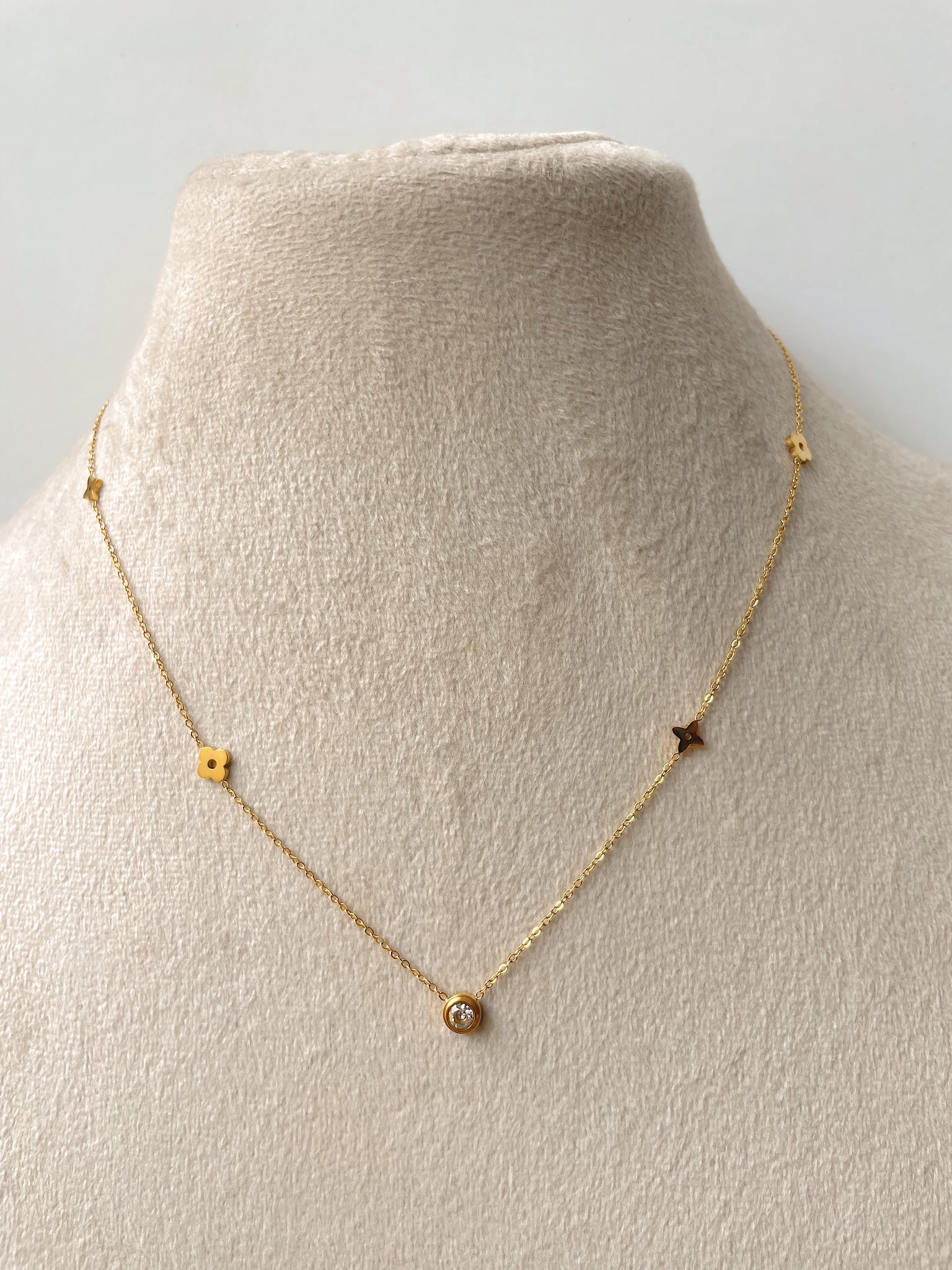 KOLINA | Tarnish-Free | Gold Clear Cubic Zirconia Clover and Flower | Necklace