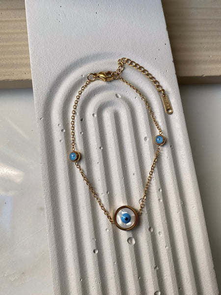 SAGE | Tarnish-Free | Stainless Steel | Gold Plated | Light Blue Evil Eye | Bracelet