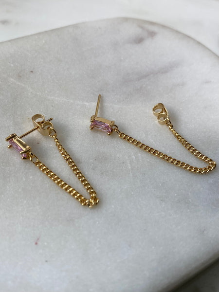 VIOLA | Clear/Emerald/Pink Gold plated I  Stud Chain Earring