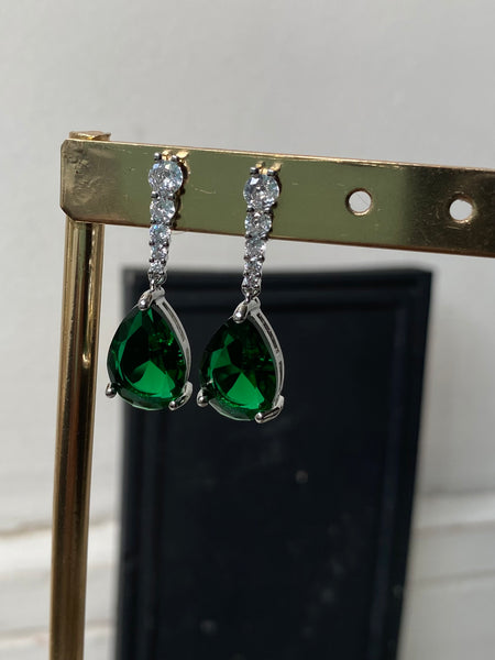 SAHIRA | Emerald and Silver Drop Earring  | CUBIC ZIRCONIA