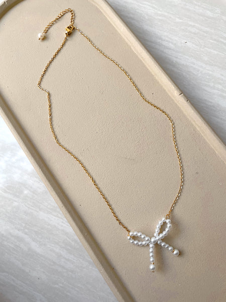 MODERN MUSE | Tarnish Free| Gold Pearl Bow | Necklace