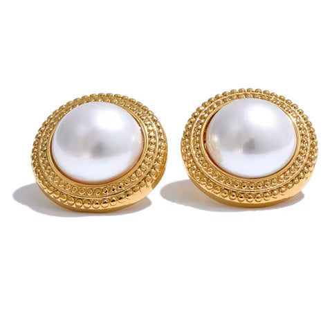 LADY DI | Tarnish Free | Gold Chunky Circle Pearl Stud | Earrings