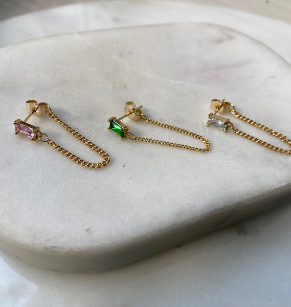 VIOLA | Clear/Emerald/Pink Gold plated I  Stud Chain Earring