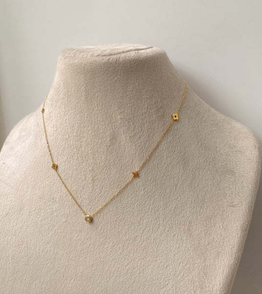 KOLINA | Tarnish-Free | Gold Clear Cubic Zirconia Clover and Flower | Necklace