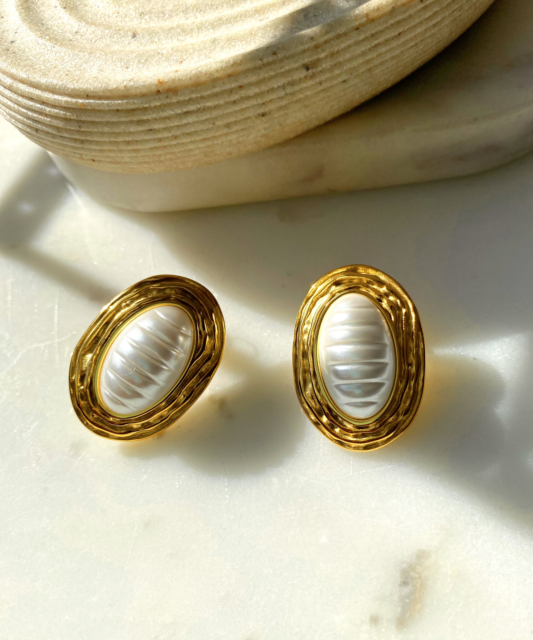 MELICIA | Tarnish Free | Gold Chunky Oval Pearl Stud | Earrings