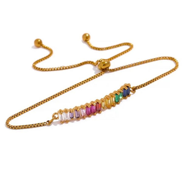 RAINBOW CRUSH | Tarnish Free | Multi Col Cubic Zirconia Baguette Jewel Bar | Necklace/Bracelet