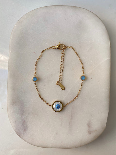 SAGE | Tarnish-Free | Stainless Steel | Gold Plated | Light Blue Evil Eye | Bracelet