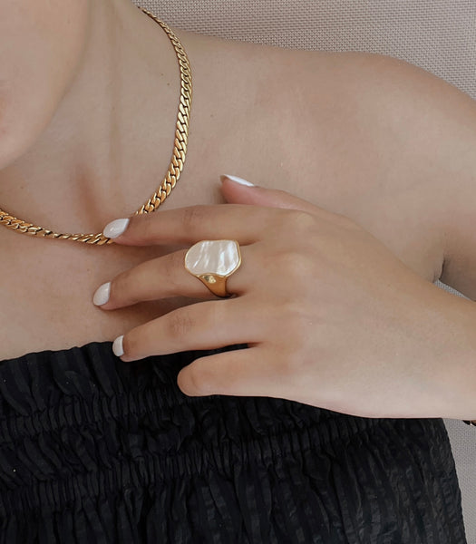 FEMMÉ | ZSxRizDhoda | Tarnish Free | Golden Pearl Chunky Oval Irregular Ring