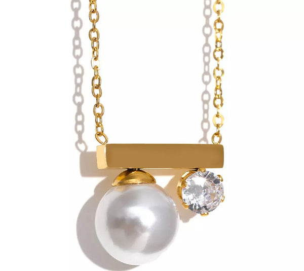 AYLA | Tarnish-Free | Gold Bar and Pearl Cubic Zirconia | Necklace