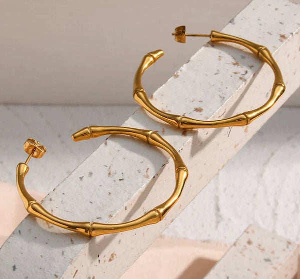 BAMBOO HOOPS | Tarnish-Free | Gold Bamboo Large Hoop | Earring