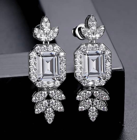 RAJAH | Silver Cubic Zirconia Rectangular Leaf Stud | Earring