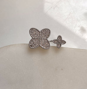 KHLOE I Luxury Silver/Gold Clover Open Ring | AAA Grade Cubic Zirconia I Adjustable