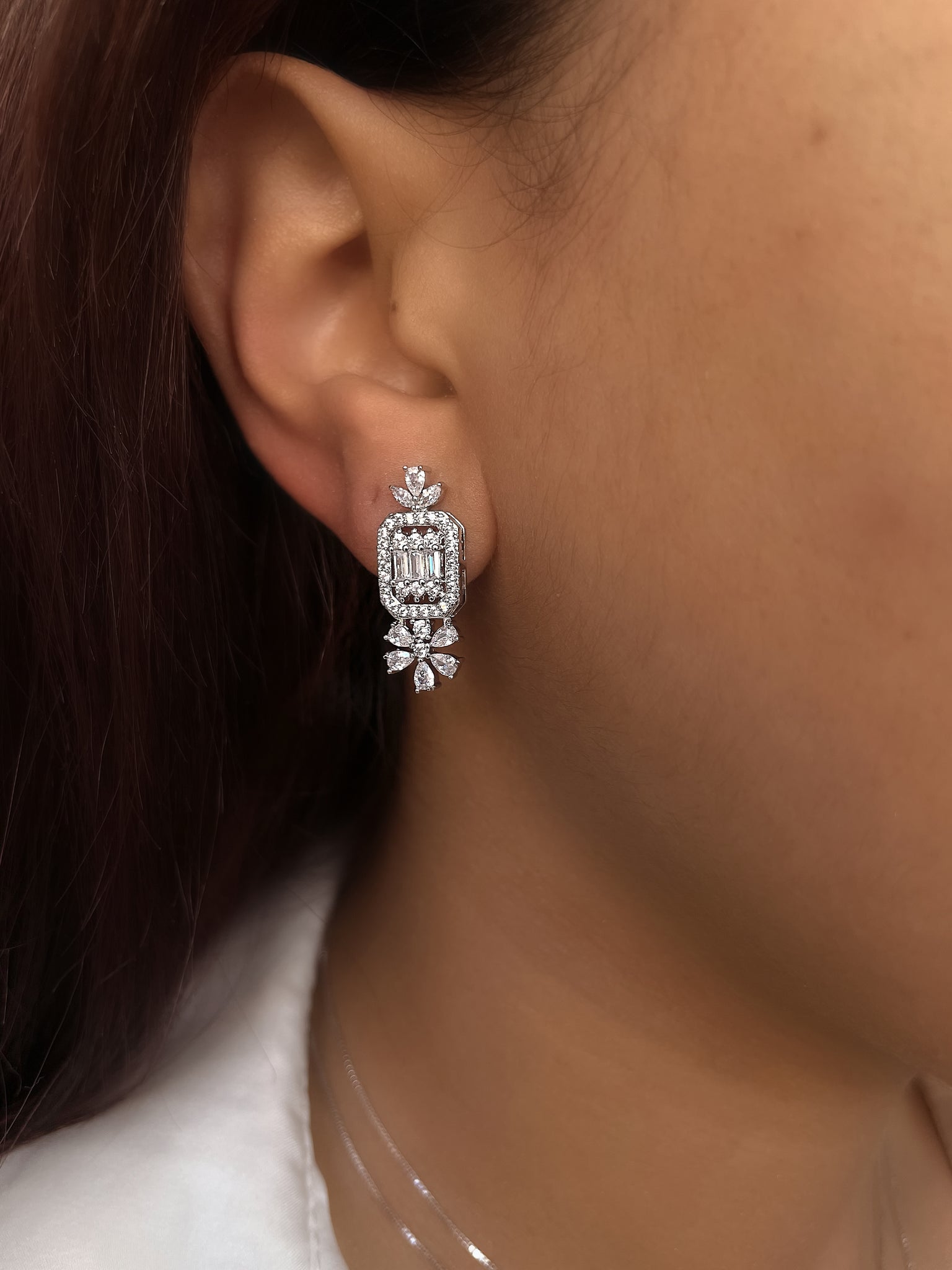 RAJAH | Silver Cubic Zirconia Rectangular Leaf Stud | Earring